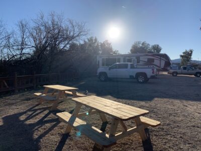 Two picnic benches at Riverbed RV Park